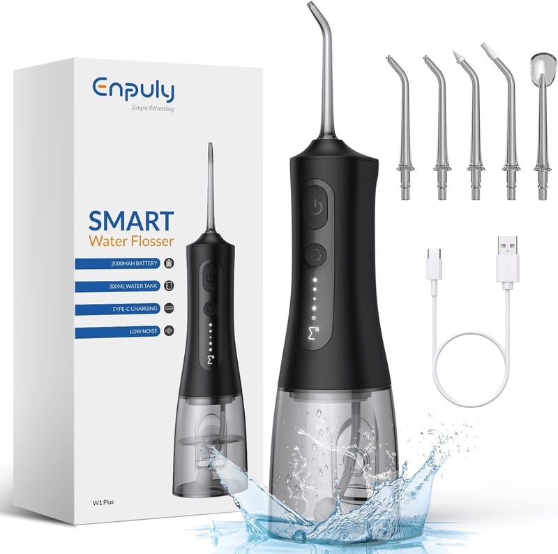ENPULY Szájzuhany Vezeték Nélküli 300ml, 2000 mAh Akkumulátoros Fogselyem Irrigátor 5 Módban, 40 Napos Üzemidő 5 Fejjel