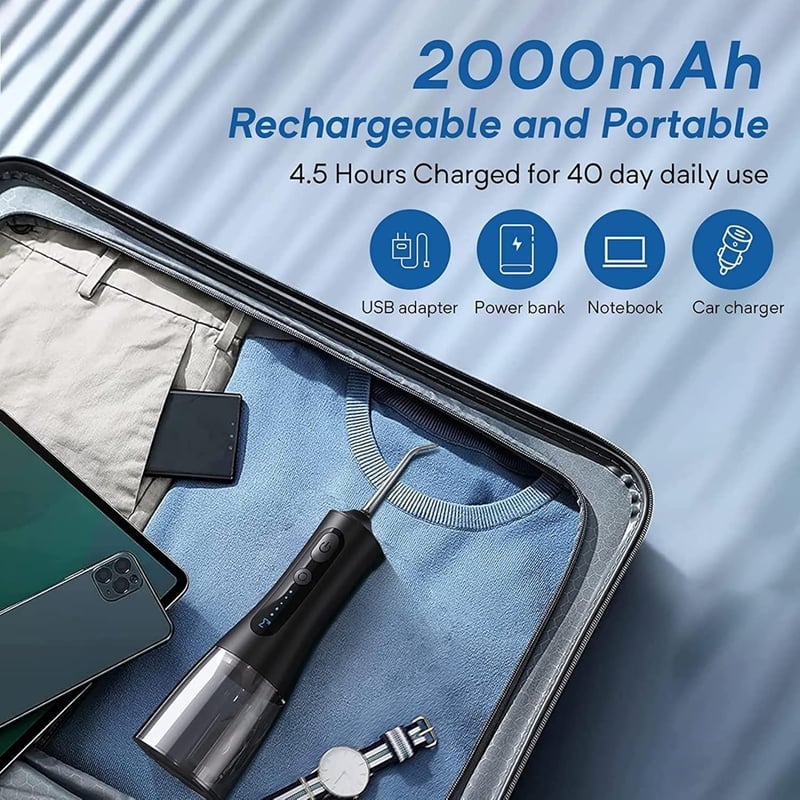 ENPULY Szájzuhany Vezeték Nélküli 300ml, 2000 mAh Akkumulátoros Fogselyem Irrigátor 5 Módban, 40 Napos Üzemidő 5 Fejjel