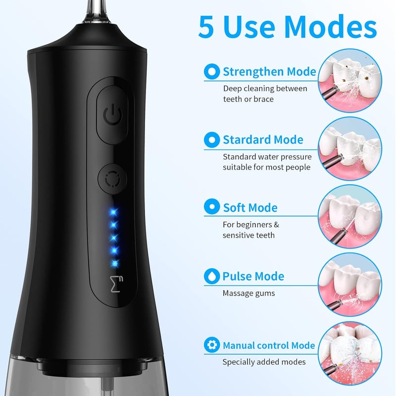 ENPULY Szájzuhany Vezeték Nélküli 300ml, 2000 mAh Akkumulátoros Fogselyem Irrigátor 5 Módban, 40 Napos Üzemidő 5 Fejjel