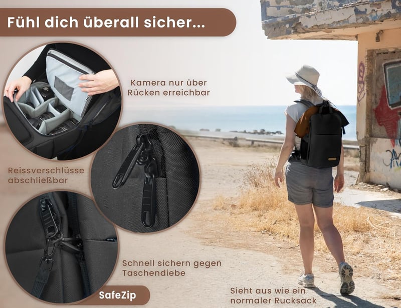 ENTDECKBAG Fotós Hátizsák Antitolvaj Hátul Nyitható Laptop Rekesz 14" Vízálló Fekete - Black