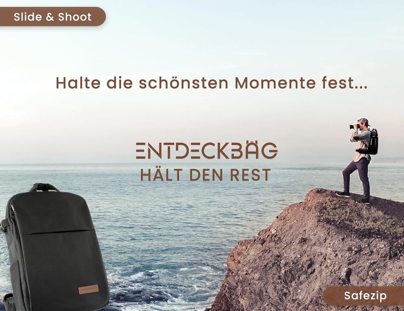 ENTDECKBAG Fotós Hátizsák Antitolvaj Hátul Nyitható Laptop Rekesz 14" Vízálló Fekete - Black