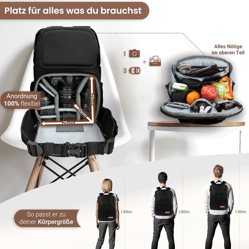 ENTDECKBAG Fotós Hátizsák Antitolvaj Hátul Nyitható Laptop Rekesz 14" Vízálló Fekete - Black