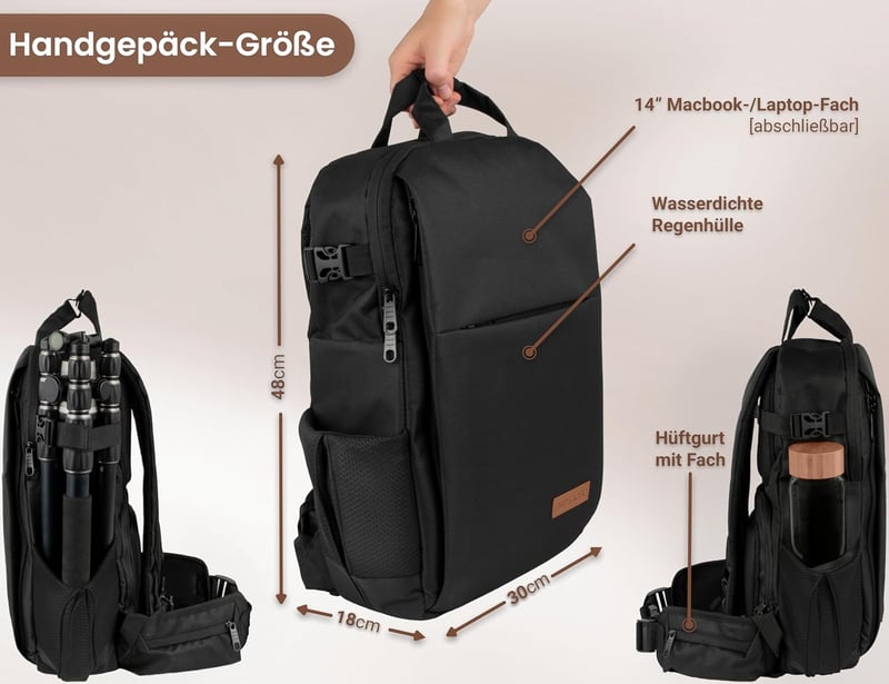 ENTDECKBAG Fotós Hátizsák Antitolvaj Hátul Nyitható Laptop Rekesz 14" Vízálló Fekete - Black