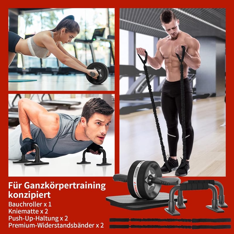 EnterSports 6 az 1-ben hasizom tréner görgővel, fitness szett otthonhoz