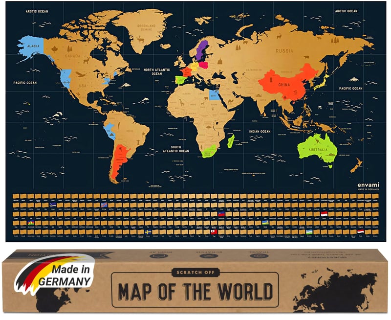 Stieracia mapa sveta Gold, vyrobená v Nemecku, v anglickom jazyku, 68 x 43 cm, stieracia mapa pre cestovateľov