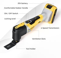 Multitool oscilant Enventor 20V fără perii, 2.0Ah, 6 viteze, 12000-19500 rpm, cu încărcător și 28 de accesorii pentru tăiere, șlefuire și lustruire 2