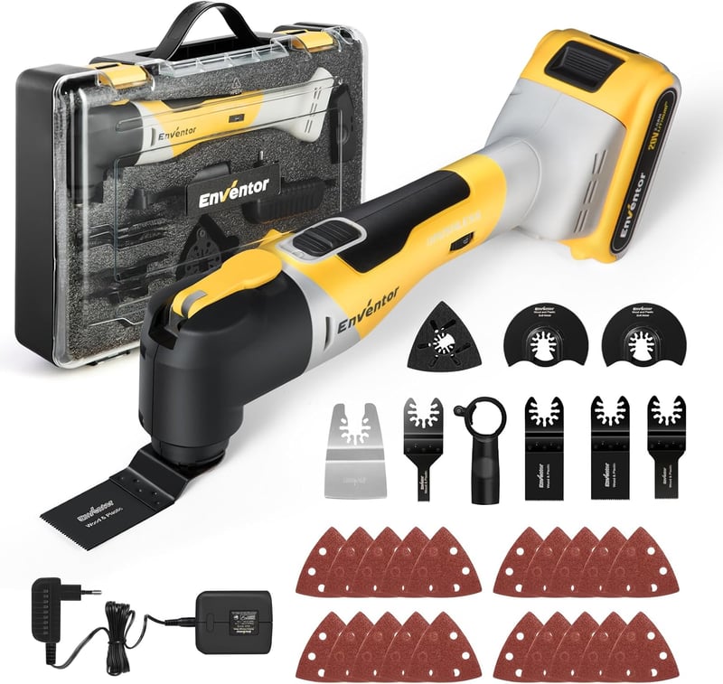 Multitool oscilant Enventor 20V fără perii, 2.0Ah, 6 viteze, 12000-19500 rpm, cu încărcător și 28 de accesorii pentru tăiere, șlefuire și lustruire