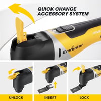 Multitool oscilant Enventor 20V fără perii, 2.0Ah, 6 viteze, 12000-19500 rpm, cu încărcător și 28 de accesorii pentru tăiere, șlefuire și lustruire 6