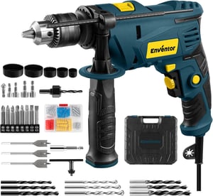 Mașină de găurit cu percuție Enventor 900 W cu set de 36 de piese, două funcții, 0-3000 rpm, mandrină de 13 mm și mâner rotativ la 360 de grade, pentru beton, metal și lemn