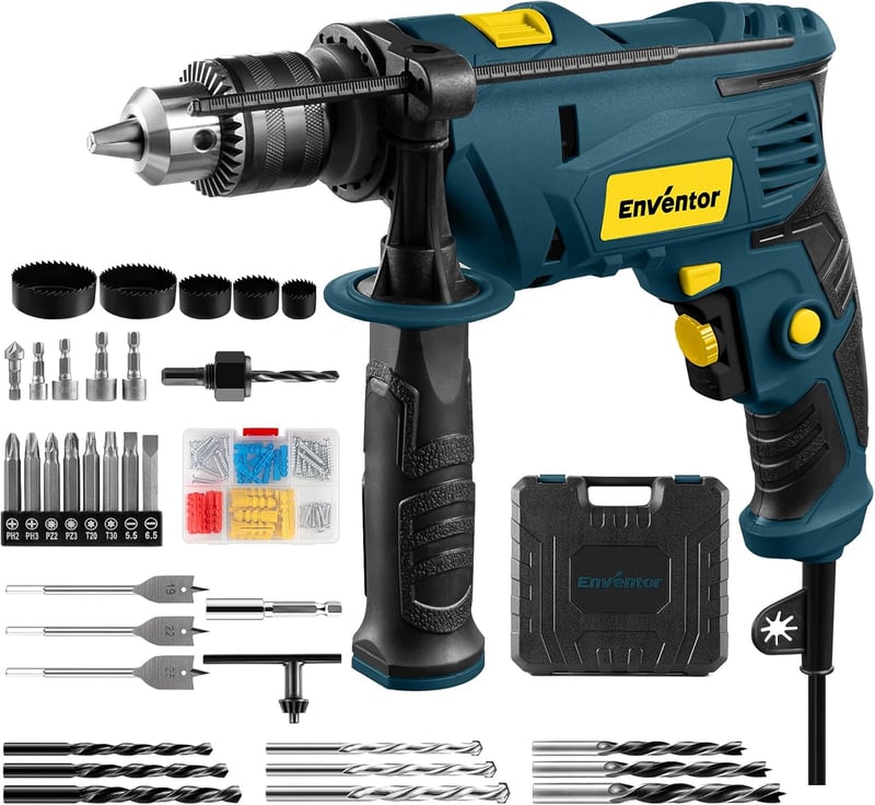Mașină de găurit cu percuție Enventor 900 W cu set de 36 de piese, două funcții, 0-3000 rpm, mandrină de 13 mm și mâner rotativ la 360 de grade, pentru beton, metal și lemn