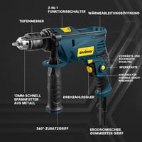 Mașină de găurit cu percuție Enventor 900 W cu set de 36 de piese, două funcții, 0-3000 rpm, mandrină de 13 mm și mâner rotativ la 360 de grade, pentru beton, metal și lemn 3