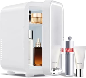 Mini frigider Enventor 6L pentru 8 doze, frigider cosmetic cu oglindă, iluminare LED reglabilă, funcție de răcire și încălzire, AC și 12V pentru mașină, alb