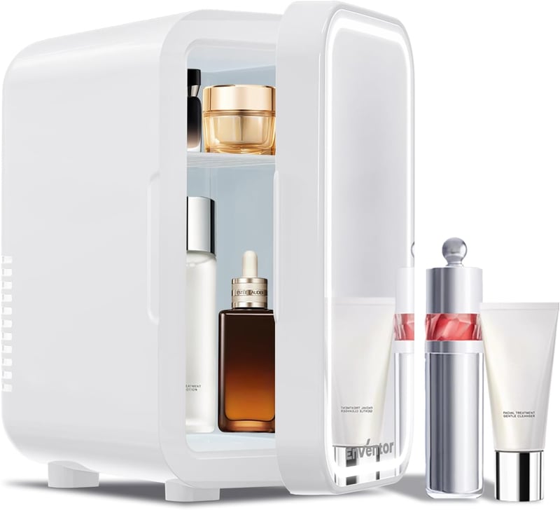 Mini frigider Enventor 6L pentru 8 doze, frigider cosmetic cu oglindă, iluminare LED reglabilă, funcție de răcire și încălzire, AC și 12V pentru mașină, alb