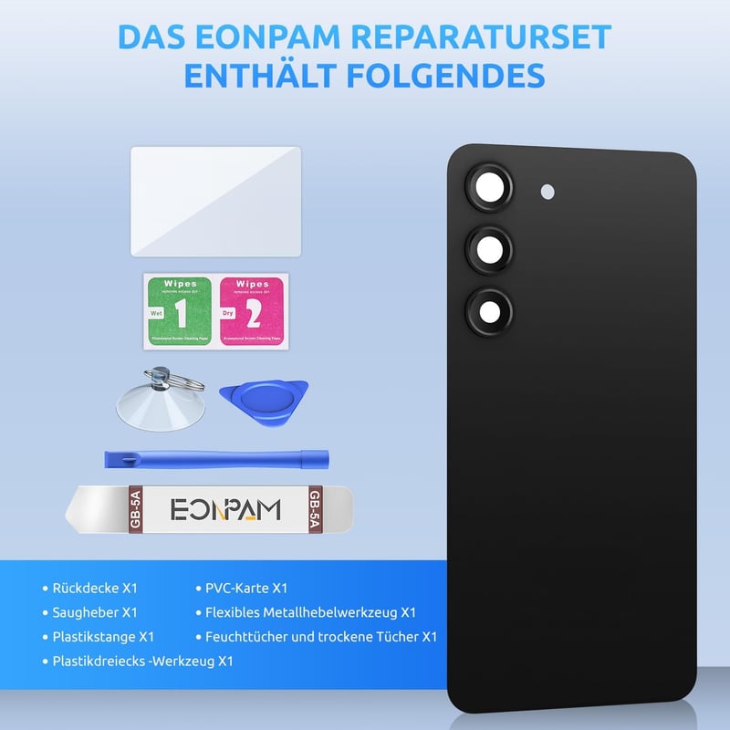 Eonpam Samsung Galaxy S23 S911 Hátsó Üveg Akkumulátorfedél Csere Készlet Kamerakerettel - Eredeti Minőségű Hátlap Javító Szett Fekete Színbe