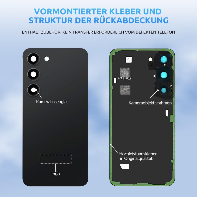 Eonpam Samsung Galaxy S23 S911 Hátsó Üveg Akkumulátorfedél Csere Készlet Kamerakerettel - Eredeti Minőségű Hátlap Javító Szett Fekete Színbe