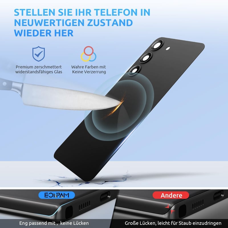 Eonpam Samsung Galaxy S23 S911 Hátsó Üveg Akkumulátorfedél Csere Készlet Kamerakerettel - Eredeti Minőségű Hátlap Javító Szett Fekete Színbe