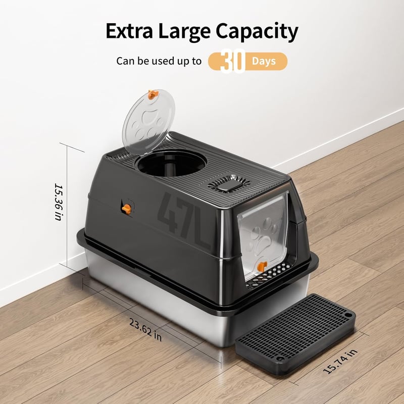 Eosarcu XXL rozsdamentes macskavécé fedéllel, zárt wc 60x40x39cm, lapáttal - Closed Cat Litter Tray Black
