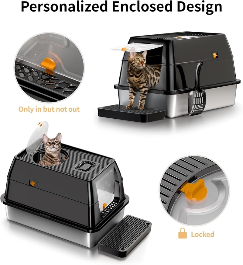 Eosarcu XXL rozsdamentes macskavécé fedéllel, zárt wc 60x40x39cm, lapáttal - Closed Cat Litter Tray Black