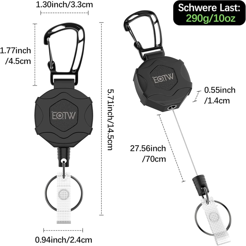 EOTW Visszahúzható Kulcstartó 70cm Acélkábellel, Azonosítókártya Tartó Karabiner Horgos Övcsat - Black