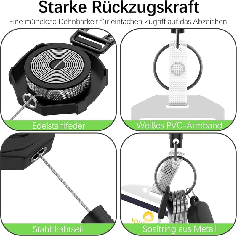 EOTW Visszahúzható Kulcstartó 70cm Acélkábellel, Azonosítókártya Tartó Karabiner Horgos Övcsat - Black