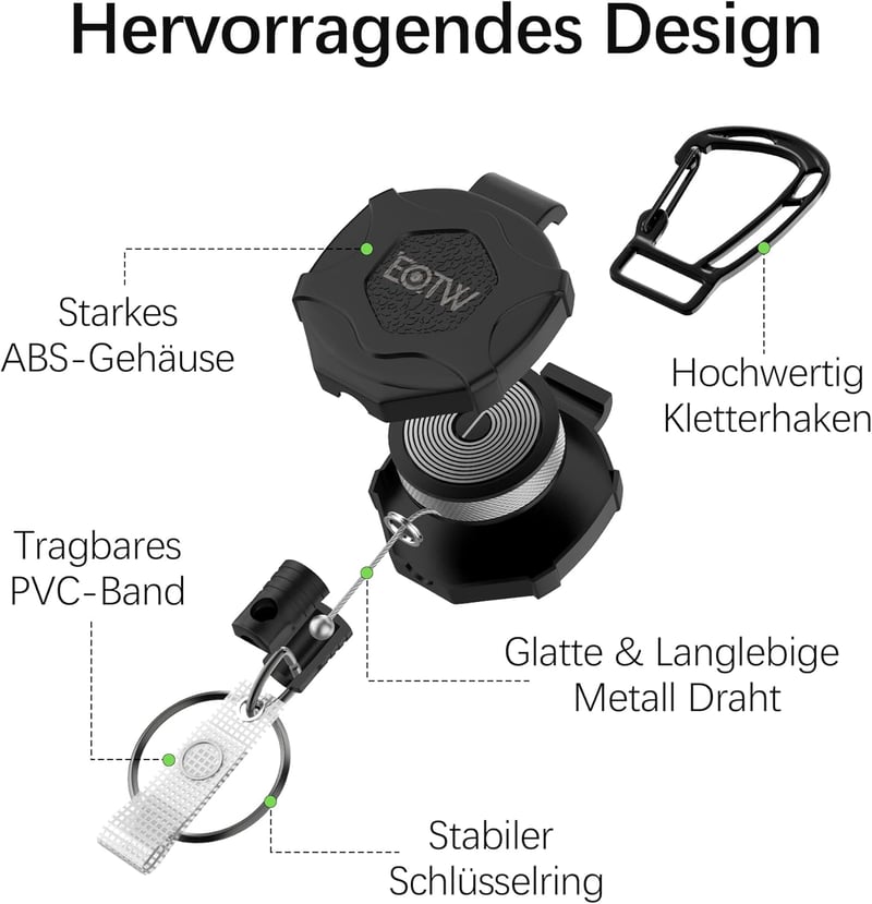 EOTW Visszahúzható Kulcstartó 70cm Acélkábellel, Azonosítókártya Tartó Karabiner Horgos Övcsat - Black