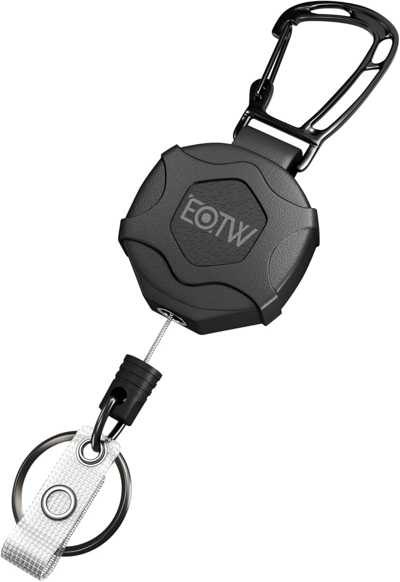 EOTW Visszahúzható Kulcstartó 70cm Acélkábellel, Azonosítókártya Tartó Karabiner Horgos Övcsat - Black