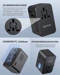 EPICKA GaN 75W Univerzális Utazó Adapter - 3 USB-C, 2 USB-A Gyorstöltő, 200+ Országhoz Kompatibilis Nemzetközi Konnektor Átalakító TA-105 Ma 7