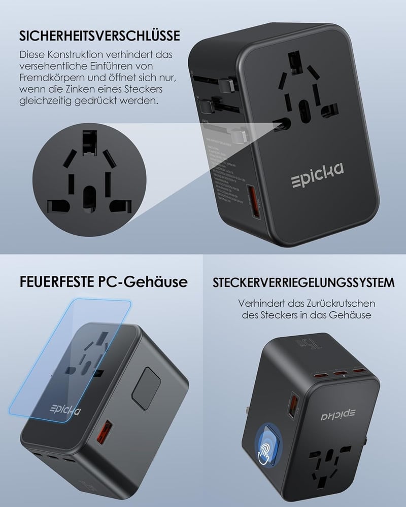 EPICKA GaN 75W Univerzális Utazó Adapter - 3 USB-C, 2 USB-A Gyorstöltő, 200+ Országhoz Kompatibilis Nemzetközi Konnektor Átalakító TA-105 Ma