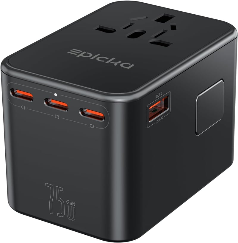 EPICKA GaN 75W Univerzális Utazó Adapter - 3 USB-C, 2 USB-A Gyorstöltő, 200+ Országhoz Kompatibilis Nemzetközi Konnektor Átalakító TA-105 Ma