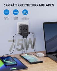 EPICKA GaN 75W Univerzális Utazó Adapter - 3 USB-C, 2 USB-A Gyorstöltő, 200+ Országhoz Kompatibilis Nemzetközi Konnektor Átalakító TA-105 Ma 4