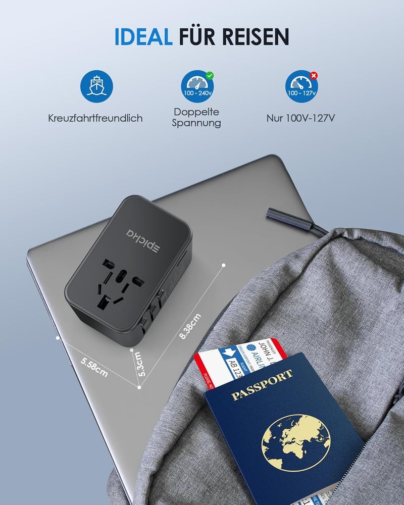 EPICKA GaN 75W Univerzális Utazó Adapter - 3 USB-C, 2 USB-A Gyorstöltő, 200+ Országhoz Kompatibilis Nemzetközi Konnektor Átalakító TA-105 Ma