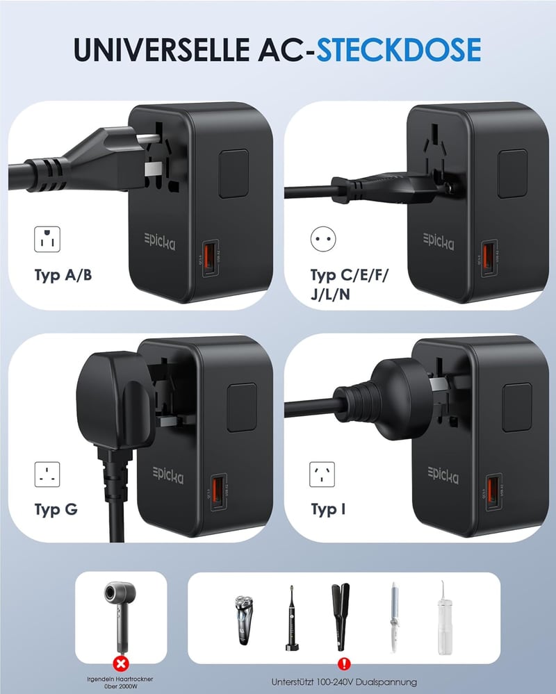 EPICKA GaN 75W Univerzális Utazó Adapter - 3 USB-C, 2 USB-A Gyorstöltő, 200+ Országhoz Kompatibilis Nemzetközi Konnektor Átalakító TA-105 Ma