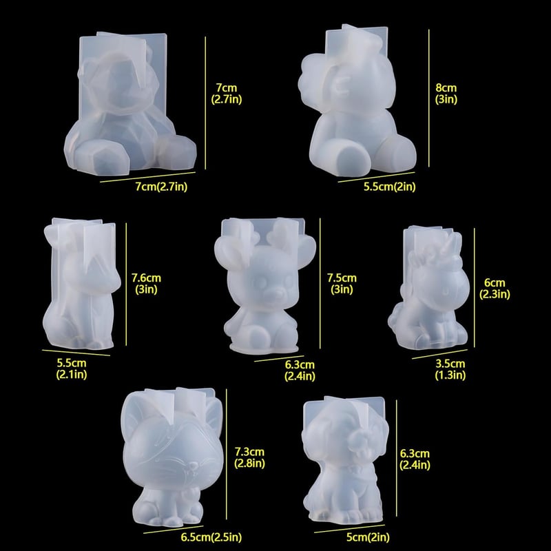 EPODA 3D Állat Szilikon Forma Készlet - Unikornis, Nyúl, Medve, Szarvas, Cica, Kutya, Elefánt Epoxi Gyantához