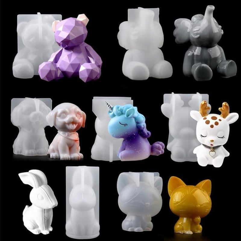 EPODA 3D Állat Szilikon Forma Készlet - Unikornis, Nyúl, Medve, Szarvas, Cica, Kutya, Elefánt Epoxi Gyantához