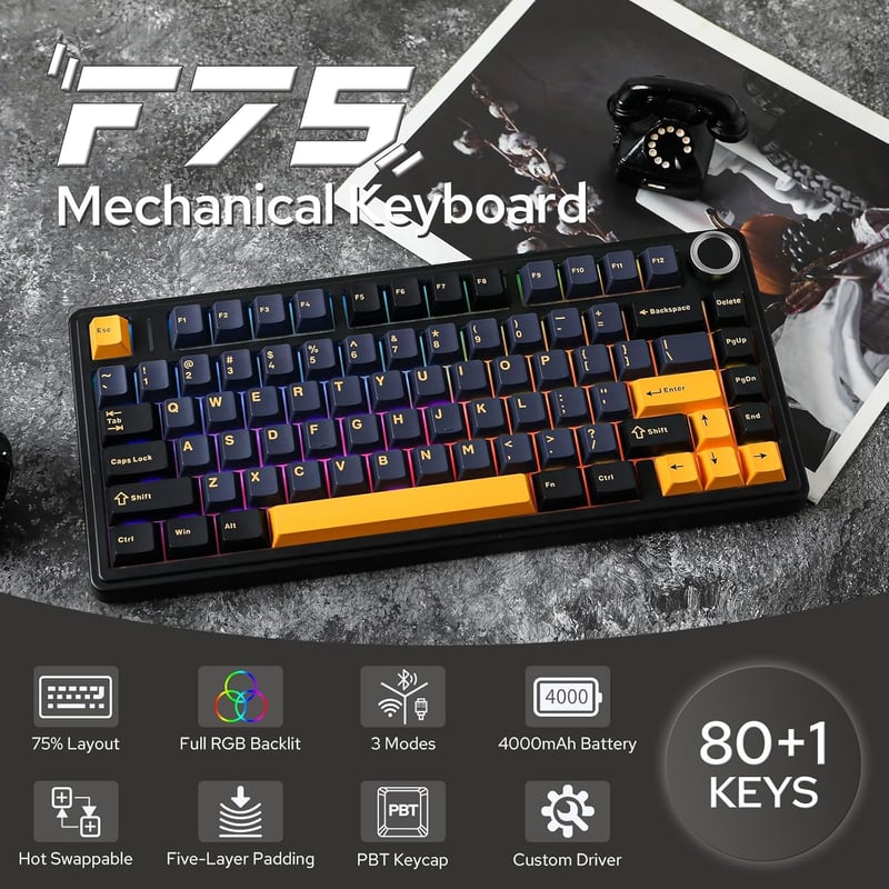 EPOMAKER Aula F75 Gasket Mechanikus Billentyűzet RGB, Hot Swap, Bluetooth/Vezeték Nélküli