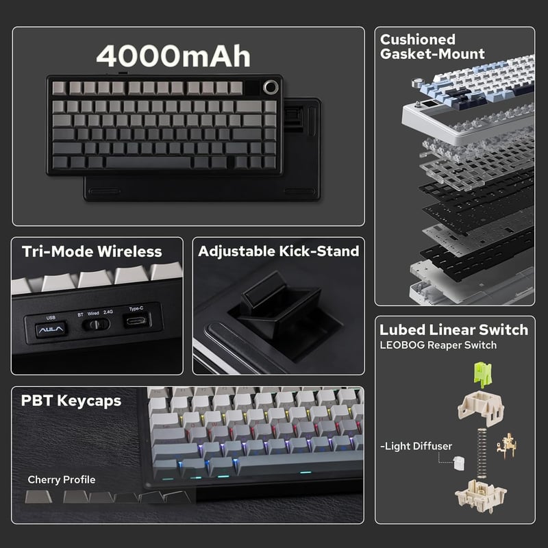 EPOMAKER Aula F75 MAX 75% Mechanikus Gaming Billentyűzet TFT Kijelzővel, Vezeték Nélküli, Hot-Swap, Fekete