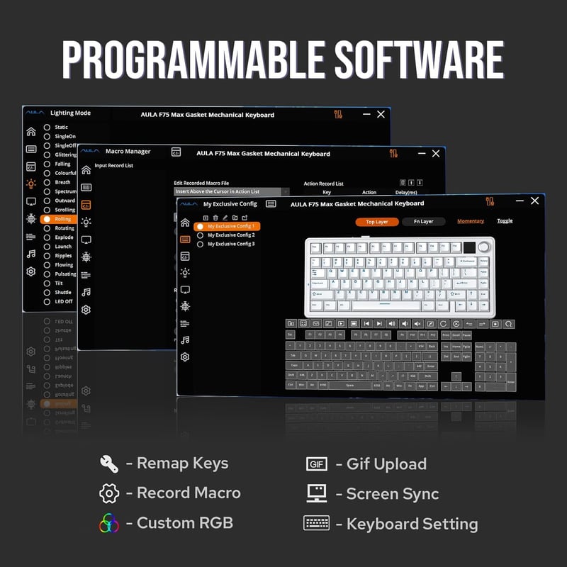 EPOMAKER Aula F75 MAX 75% Mechanikus Gaming Billentyűzet TFT Kijelzővel, Vezeték Nélküli, Hot-Swap, Fekete