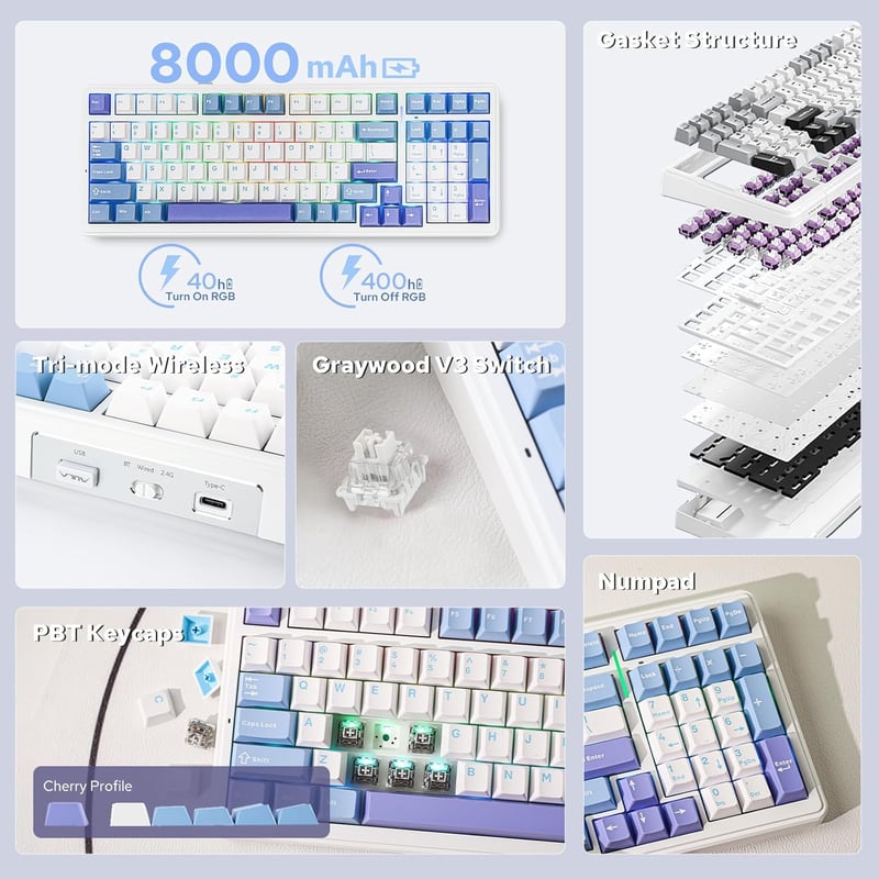 EPOMAKER Aula F99 Wireless Mechanikus Billentyűzet RGB Gamer Lila Bluetooth