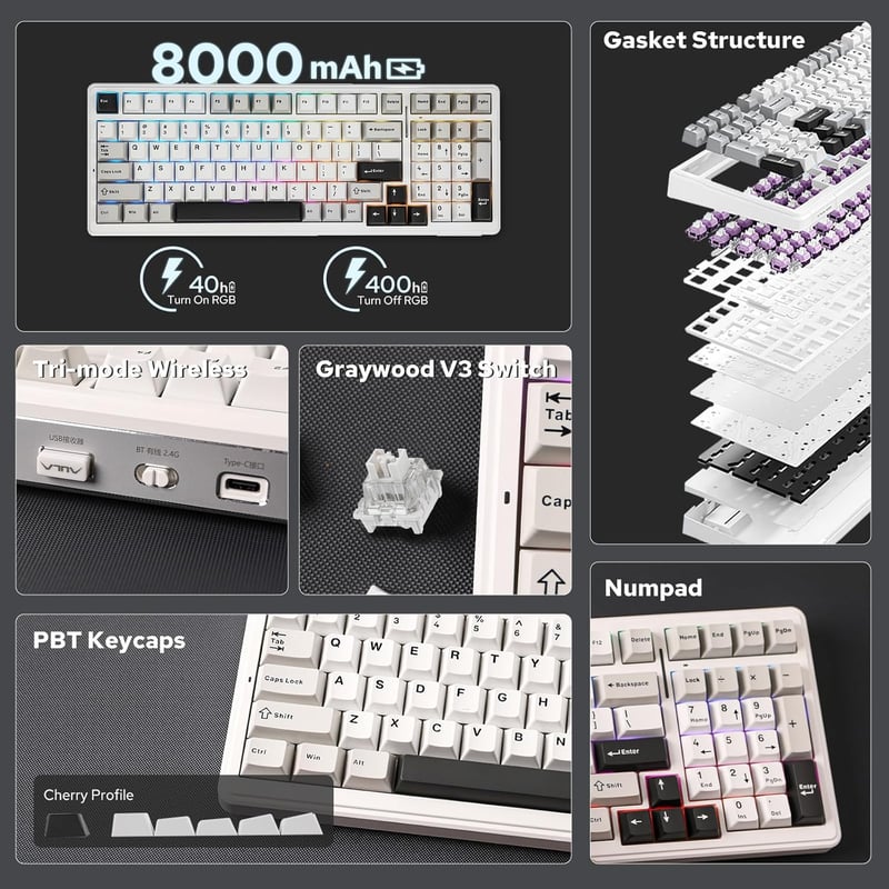 EPOMAKER Aula F99 Wireless Mechanikus Billentyűzet RGB Gamer Bluetooth Szürke