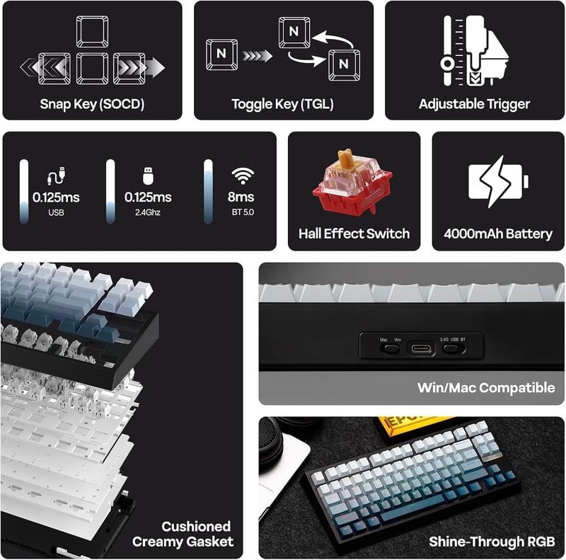 EPOMAKER G84 HE Wireless Gaming Billentyűzet 8K Polling Hall Effect Kapcsolóval