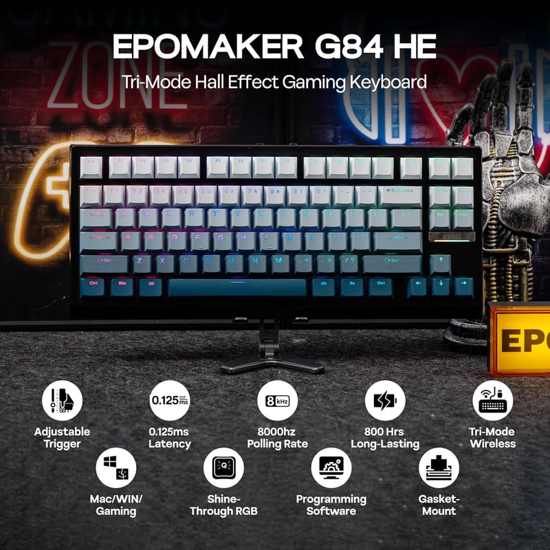 EPOMAKER G84 HE Wireless Gaming Billentyűzet 8K Polling Hall Effect Kapcsolóval