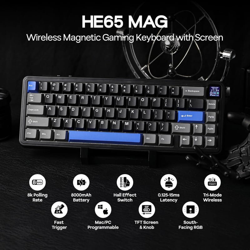 EPOMAKER HE65 Mag Wireless Mechanikus Billentyűzet Forgógombbal, RGB Háttérvilágítás, 8K Polling Rate, 8000 mAh Akkumulátor