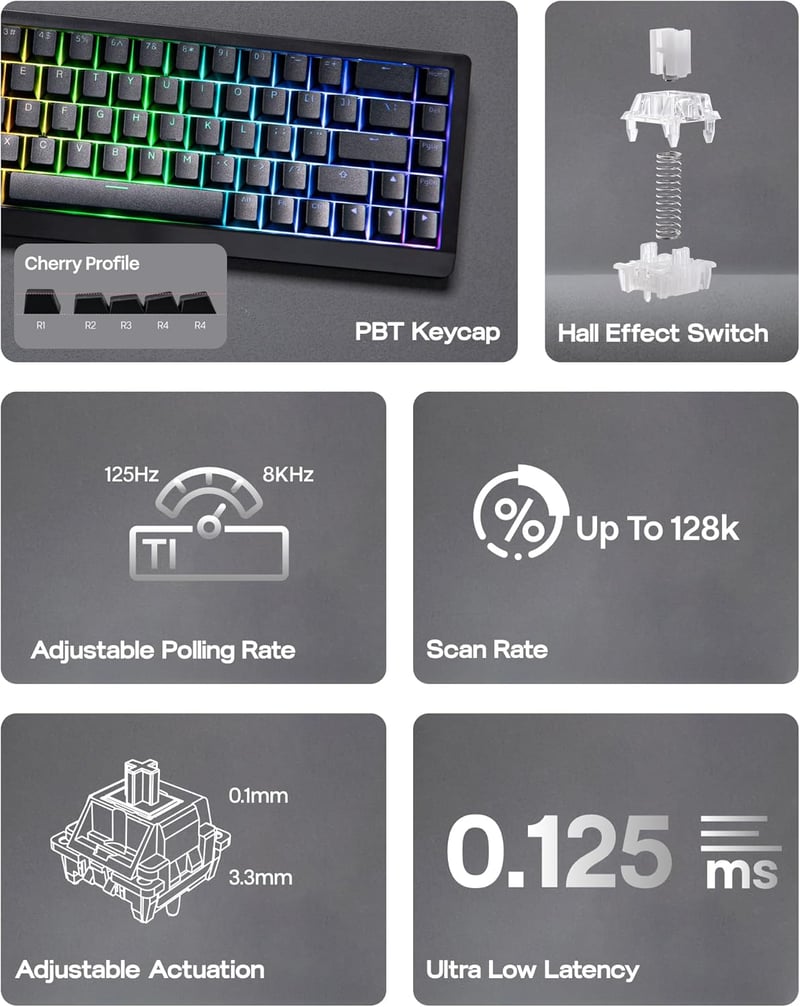 EPOMAKER HE68 Lite Hall Effect Gaming Billentyűzet 8K Polling Fekete