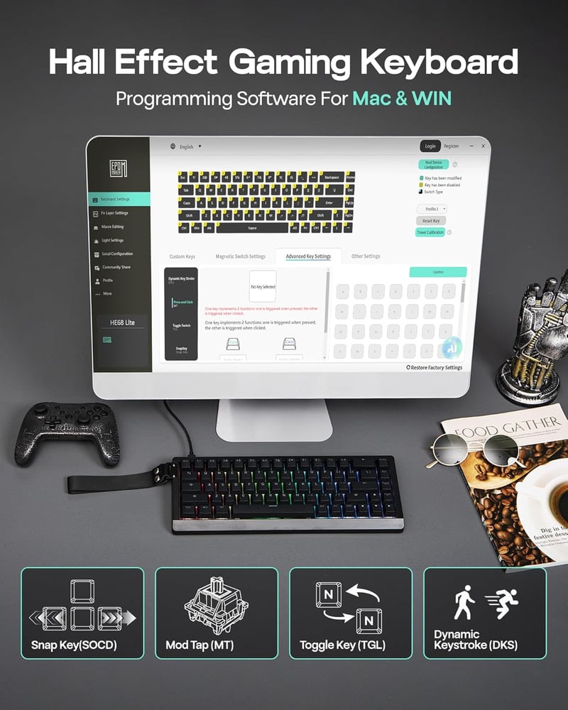 EPOMAKER HE68 Lite Hall Effect Gaming Billentyűzet 8K Polling Fekete