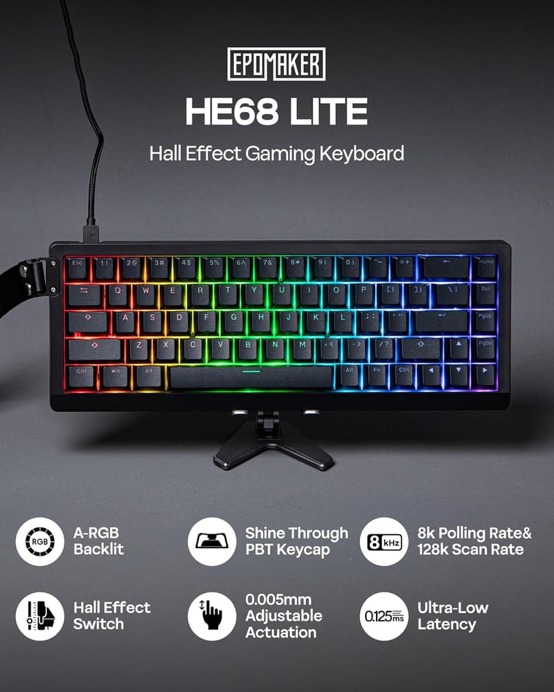 EPOMAKER HE68 Lite Hall Effect Gaming Billentyűzet 8K Polling Fekete