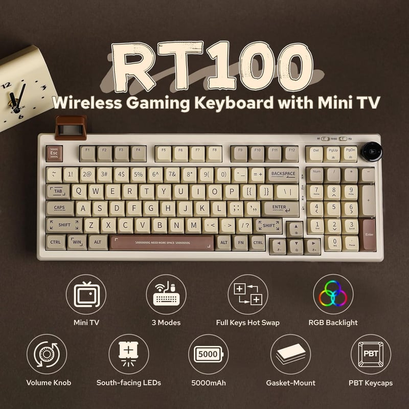 EPOMAKER RT100 97 gombos mechanikus gaming billentyűzet Bluetooth 5.0 USB-C forgatógombbal
