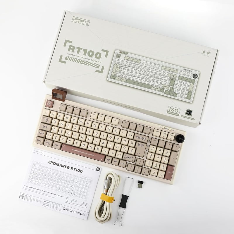 EPOMAKER RT100 98 gombos mechanikus gaming billentyűzet, ISO UK, vezeték nélküli, Bluetooth, USB, hot-swap, 5000 mAh, retro fehér