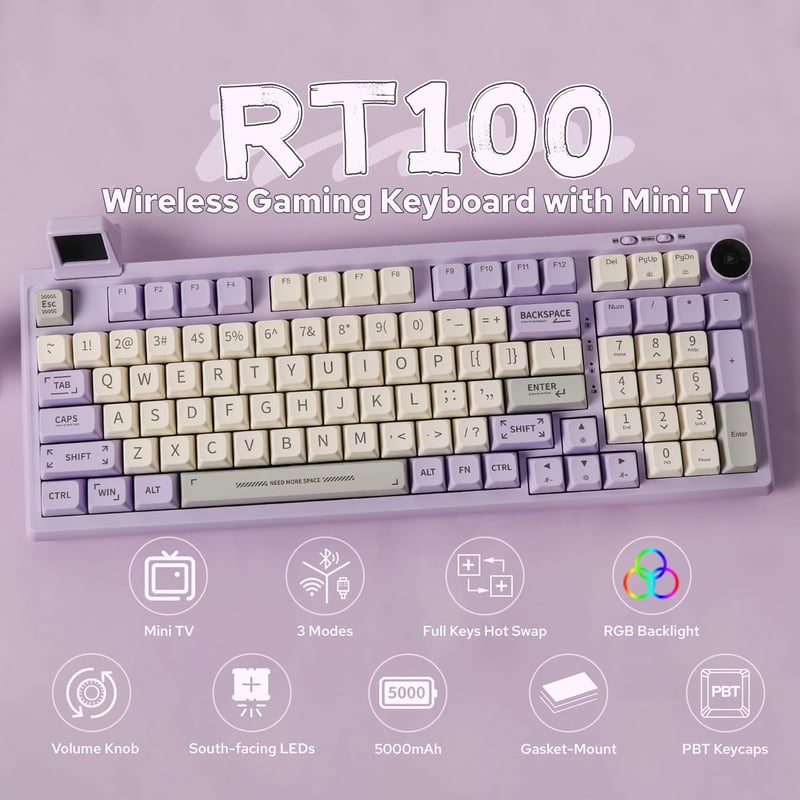 EPOMAKER RT100 Mechanikus Billentyűzet Bluetooth/USB RGB Forgókapcsoló Lila