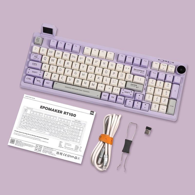 EPOMAKER RT100 Mechanikus Billentyűzet Bluetooth/USB RGB Forgókapcsoló Lila