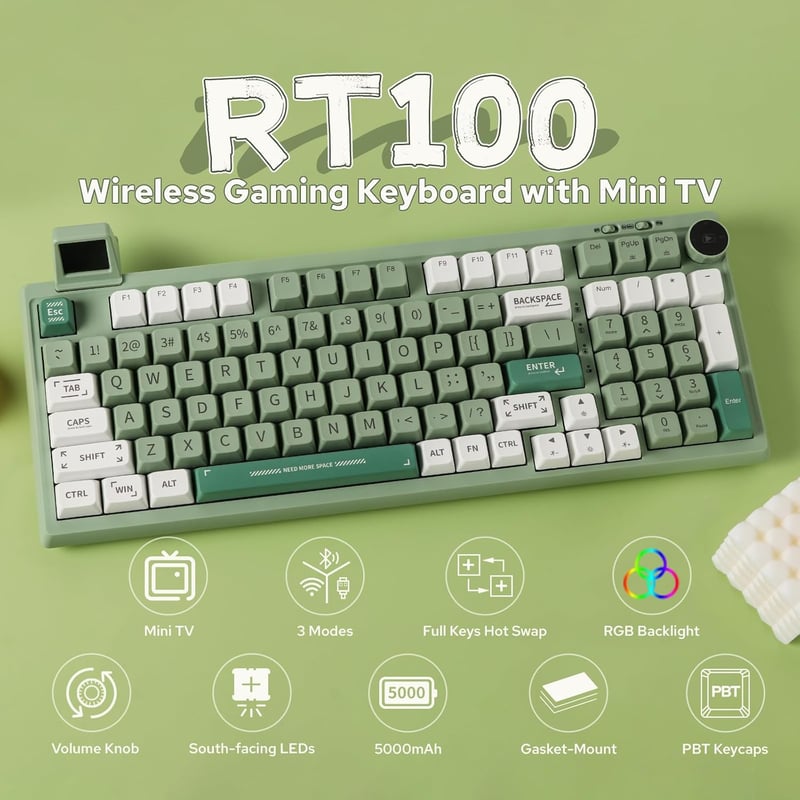 EPOMAKER RT100 Mechanikus Billentyűzet Gamer RGB Bluetooth USB Forgatógomb Hot Swap Zöld